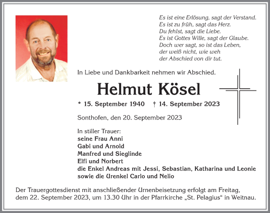 Traueranzeige von Helmut Kösel von Allgäuer Anzeigeblatt