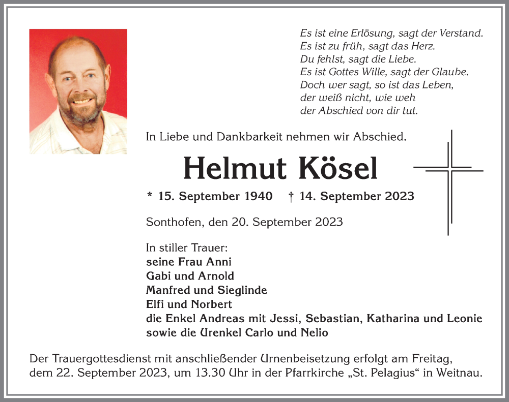  Traueranzeige für Helmut Kösel vom 20.09.2023 aus Allgäuer Anzeigeblatt