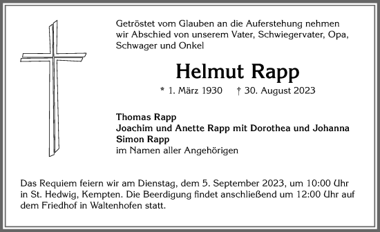Traueranzeige von Helmut Rapp von Allgäuer Zeitung,Kempten