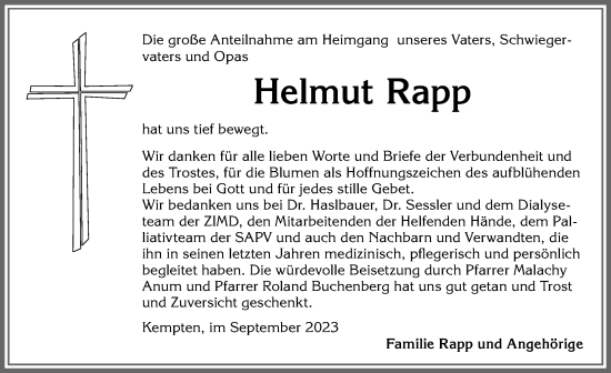 Traueranzeige von Helmut Rapp von Allgäuer Zeitung,Kempten