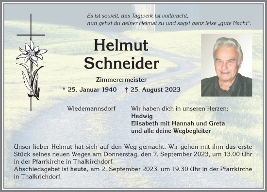 Traueranzeige von Helmut Schneider von Allgäuer Anzeigeblatt