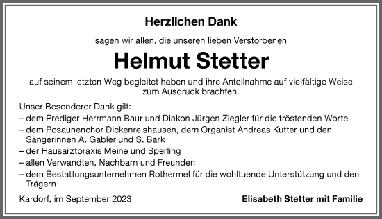 Traueranzeige von Helmut Stetter von Memminger Zeitung
