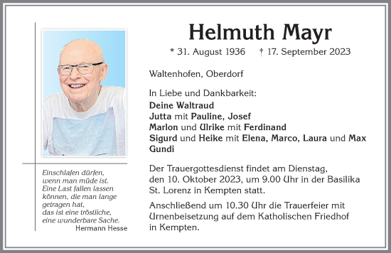 Traueranzeige von Helmuth Mayr von Mindelheimer Zeitung, Augsburger Allgemeine