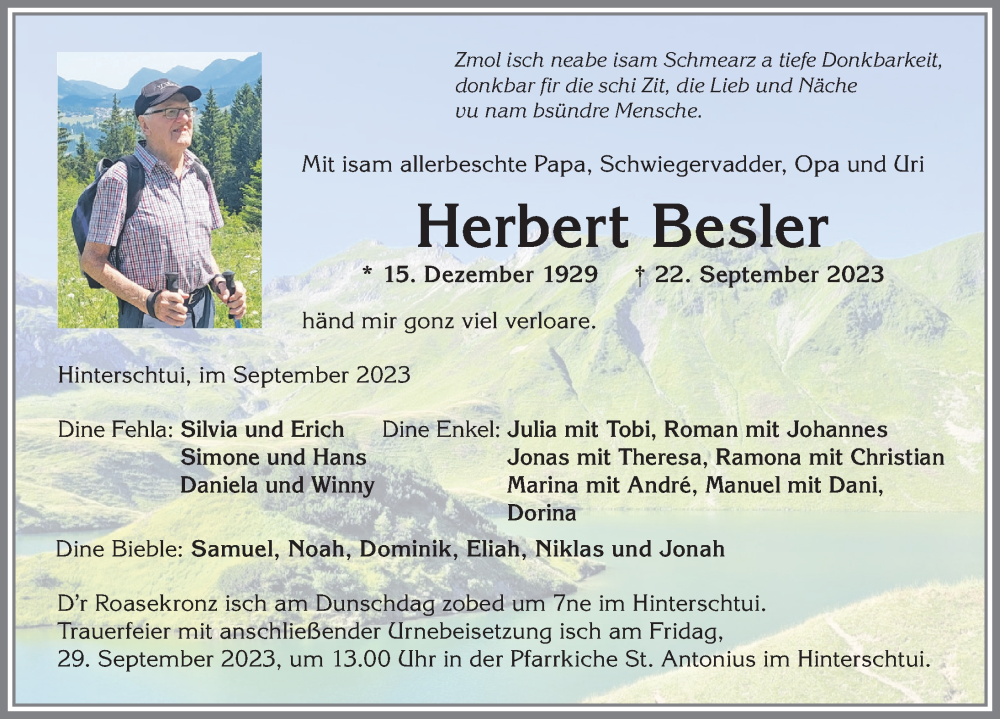  Traueranzeige für Herbert Besler vom 27.09.2023 aus Allgäuer Anzeigeblatt