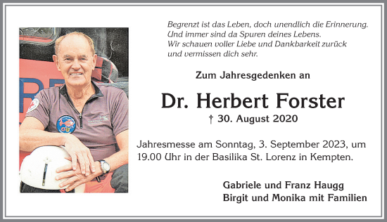 Traueranzeige von Herbert Forster von Allgäuer Anzeigeblatt