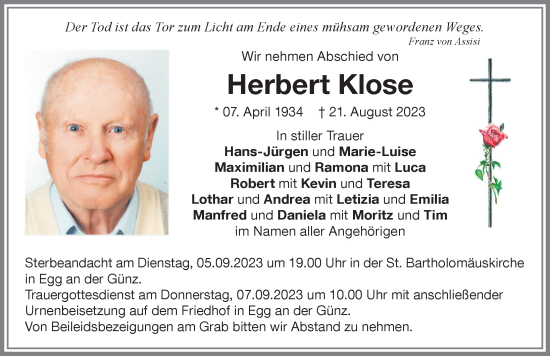 Traueranzeige von Herbert Klose von Memminger Zeitung