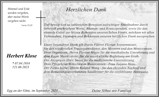 Traueranzeige von Herbert Klose von Memminger Zeitung