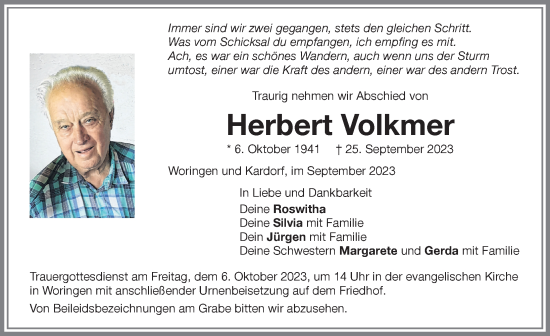 Traueranzeige von Herbert Volkmer von Memminger Zeitung