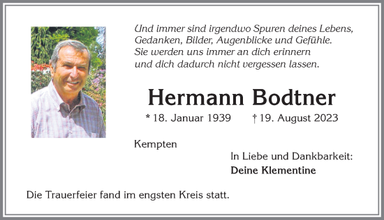 Traueranzeige von Hermann Bodtner von Allgäuer Zeitung,Kempten