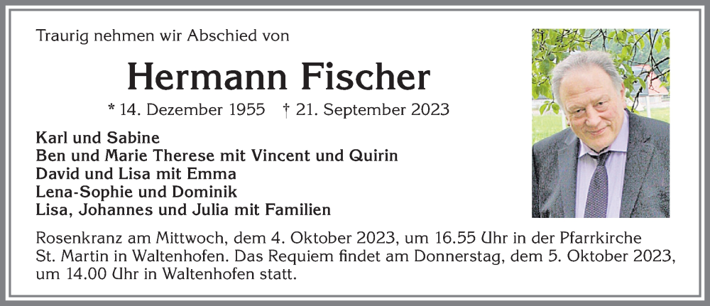  Traueranzeige für Hermann Fischer vom 30.09.2023 aus Allgäuer Zeitung,Kempten