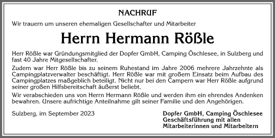 Traueranzeige von Hermann Rößle von Allgäuer Anzeigeblatt
