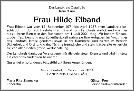 Traueranzeige von Hilde Eiband von Allgäuer Zeitung, Marktoberdorf