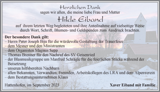 Traueranzeige von Hilde Eiband von Allgäuer Zeitung, Marktoberdorf