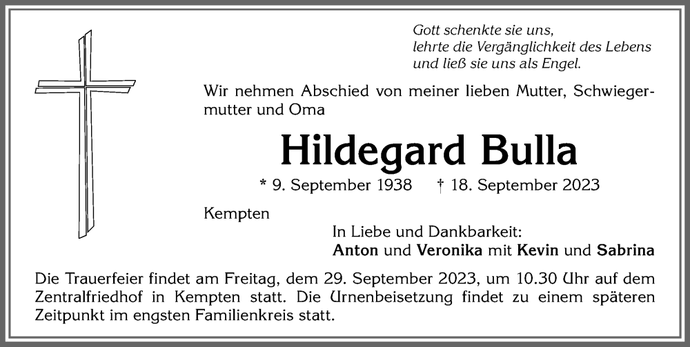  Traueranzeige für Hildegard Bulla vom 23.09.2023 aus Allgäuer Zeitung,Kempten