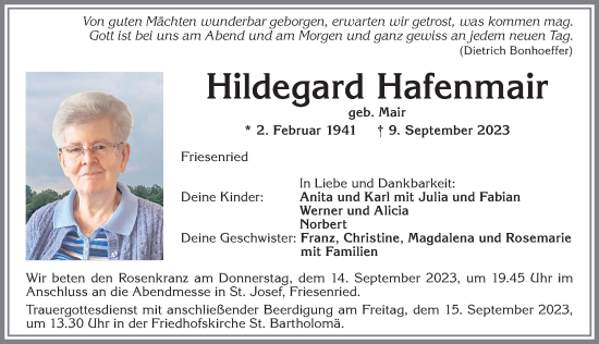 Traueranzeige von Hildegard Hafenmair von Allgäuer Zeitung, Marktoberdorf