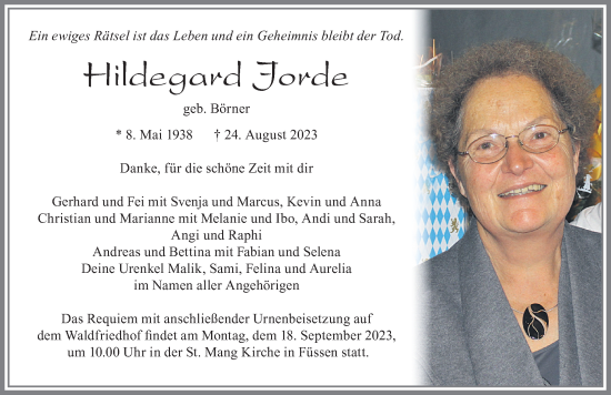 Traueranzeige von Hildegard Jorde von Allgäuer Zeitung, Füssen