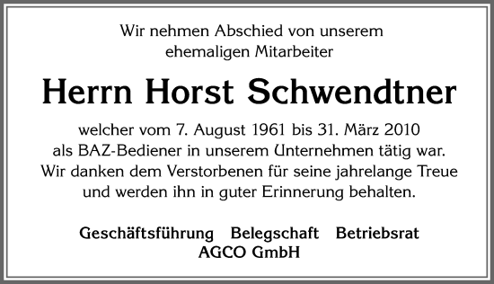 Traueranzeige von Horst Schwendtner von Allgäuer Zeitung, Marktoberdorf
