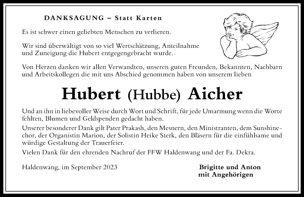  Traueranzeige für Hubert Aicher vom 20.09.2023 aus Allgäuer Zeitung,Kempten