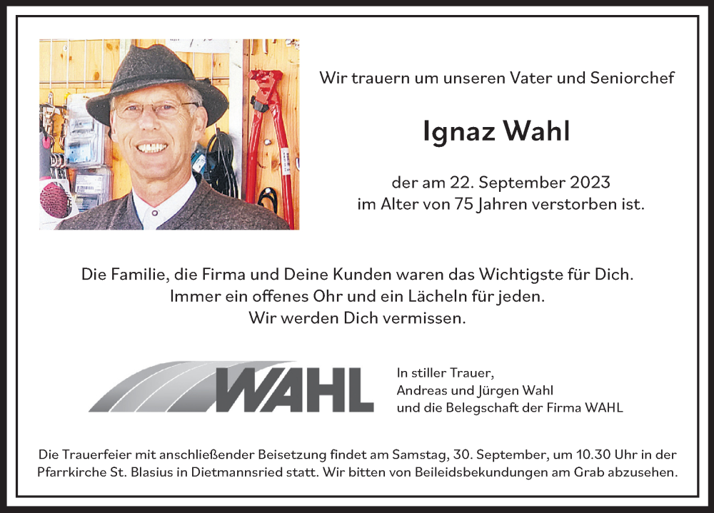  Traueranzeige für Ignaz Wahl vom 28.09.2023 aus Allgäuer Zeitung, Gesamtausgabe