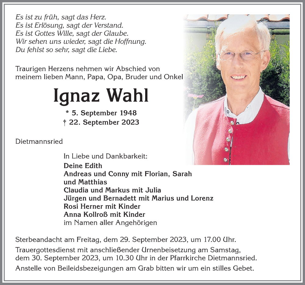  Traueranzeige für Ignaz Wahl vom 27.09.2023 aus Allgäuer Zeitung,Kempten