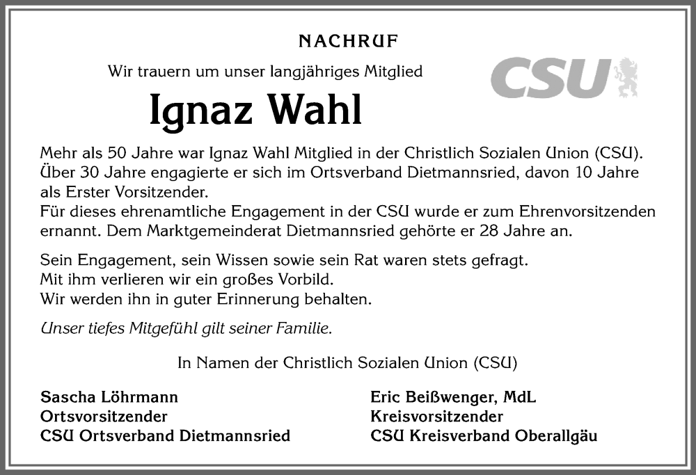  Traueranzeige für Ignaz Wahl vom 29.09.2023 aus Allgäuer Zeitung,Kempten