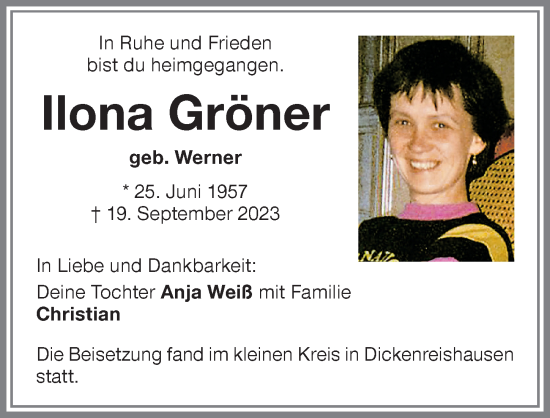 Traueranzeige von Ilona Gröner von Memminger Zeitung