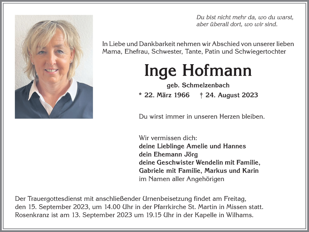  Traueranzeige für Inge Hofmann vom 11.09.2023 aus Allgäuer Anzeigeblatt