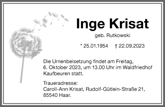 Traueranzeige von Inge Krisat von Allgäuer Zeitung, Kaufbeuren/Buchloe