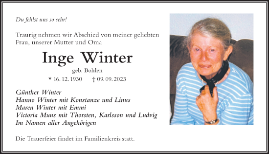 Traueranzeige von Inge Winter von Der Westallgäuer