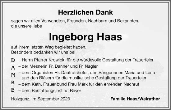 Traueranzeige von Ingeborg Haas von Memminger Zeitung