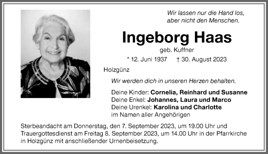 Traueranzeige von Ingeborg Haas von Memminger Zeitung
