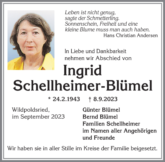 Traueranzeige von Ingrid Schellheimer-Blümel von Allgäuer Zeitung,Kempten