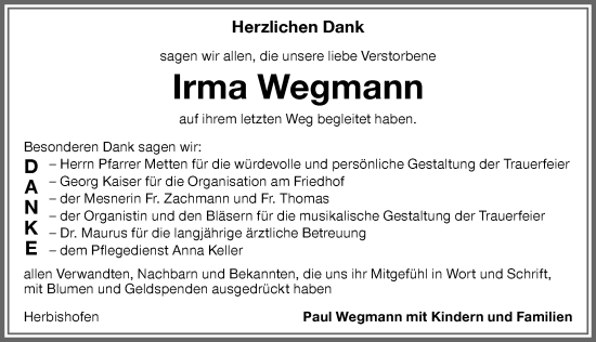 Traueranzeige von Irma Wegmann von Memminger Zeitung