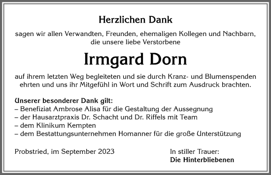 Traueranzeige von Irmgard Dorn von Allgäuer Zeitung,Kempten