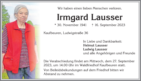 Traueranzeige von Irmgard Lausser von Allgäuer Zeitung, Kaufbeuren/Buchloe