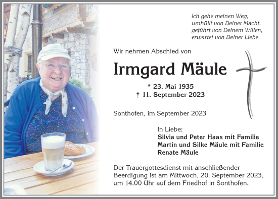 Traueranzeige von Irmgard Mäule von Allgäuer Anzeigeblatt