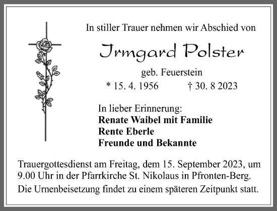 Traueranzeige von Irmgard Polster von Allgäuer Zeitung, Füssen