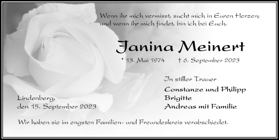 Traueranzeige von Janina Meinert von Der Westallgäuer