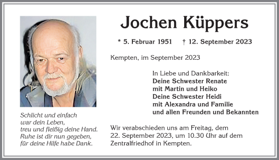Traueranzeige von Jochen Küppers von Allgäuer Zeitung,Kempten
