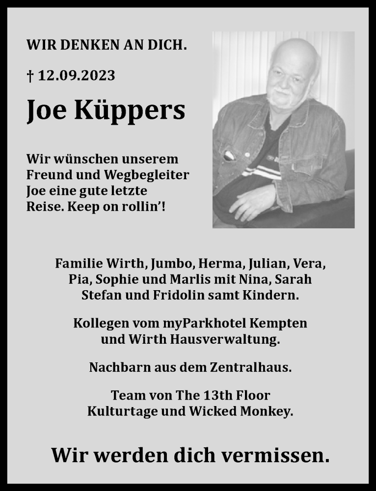  Traueranzeige für Joe Küppers vom 18.09.2023 aus Allgäuer Zeitung,Kempten