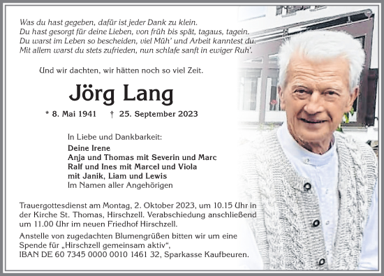 Traueranzeige von Jörg Lang von Allgäuer Zeitung, Kaufbeuren/Buchloe