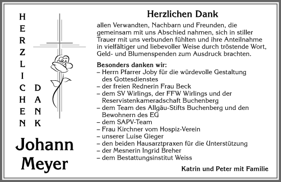 Traueranzeige von Johann Meyer von Allgäuer Zeitung,Kempten