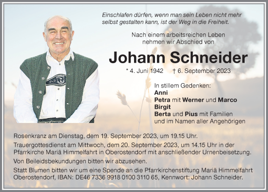 Traueranzeige von Johann Schneider von Allgäuer Zeitung, Kaufbeuren/Buchloe