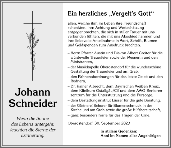 Traueranzeige von Johann Schneider von Allgäuer Zeitung, Kaufbeuren/Buchloe