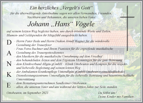 Traueranzeige von Johann Vögele von Memminger Zeitung