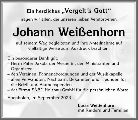 Traueranzeige von Johann Weißenhorn von Allgäuer Zeitung, Marktoberdorf