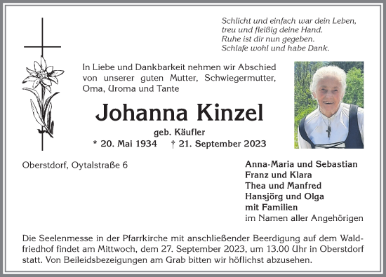 Traueranzeige von Johanna Kinzel von Allgäuer Anzeigeblatt