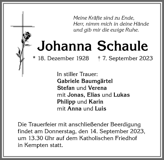 Traueranzeige von Johanna Schaule von Allgäuer Zeitung,Kempten
