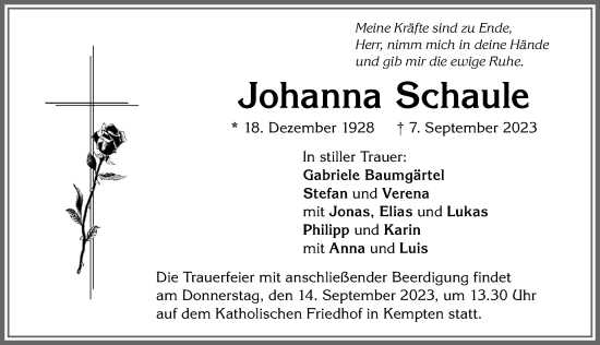 Traueranzeige von Johanna Schaule von Allgäuer Anzeigeblatt