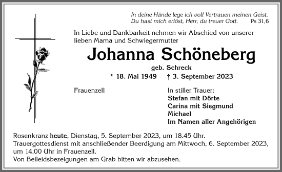Traueranzeige von Johanna Schöneberg von Allgäuer Zeitung,Kempten